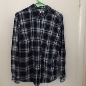 Long sleeved, blue plaid button up shirt